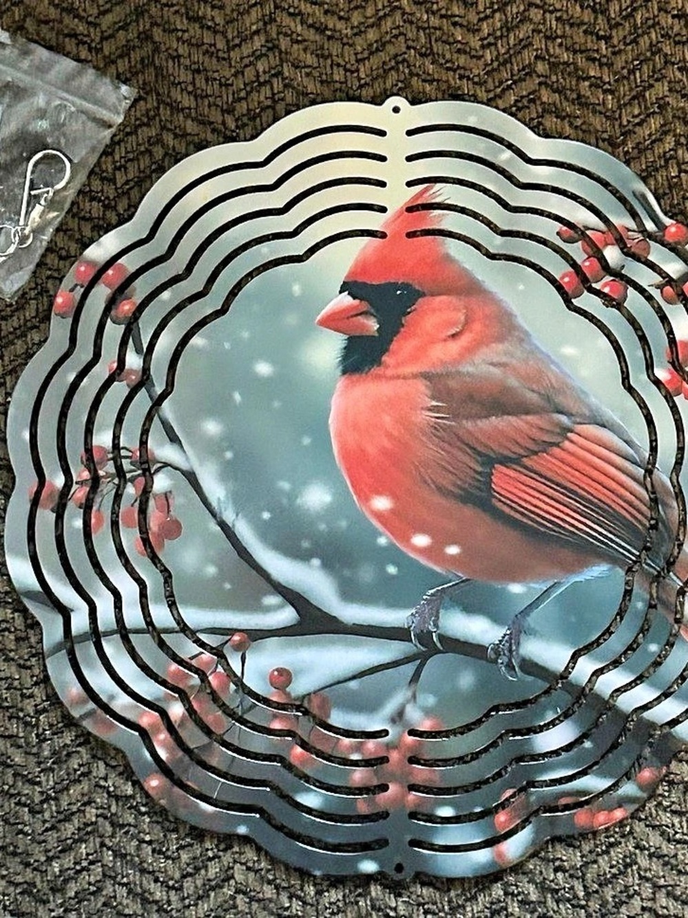 Cardinal Bird in Black & Red With Snow  8 inch Wind Spinner